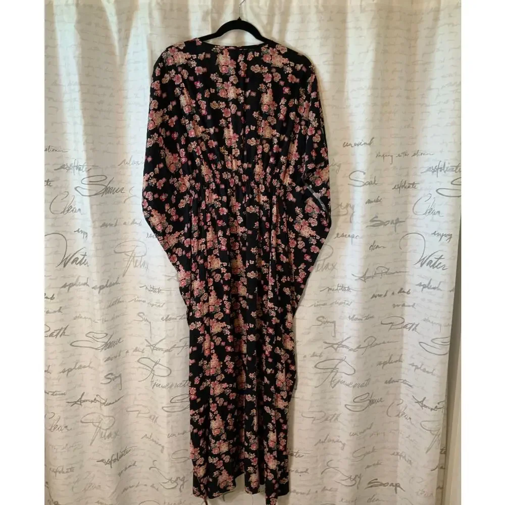 Natural Life Floral Maxi Kaftan Dress S Cotton Boho Cherry Blossom Pink Black - Picture 4 of 4